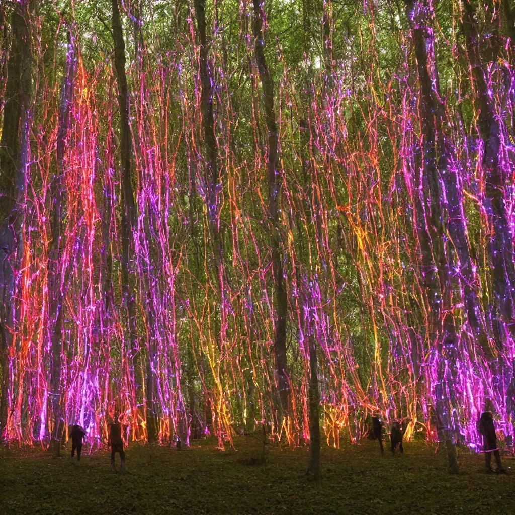 Prompt: a pyschonautistic paranormal Installation Art in front of a forest that full of glowing trees