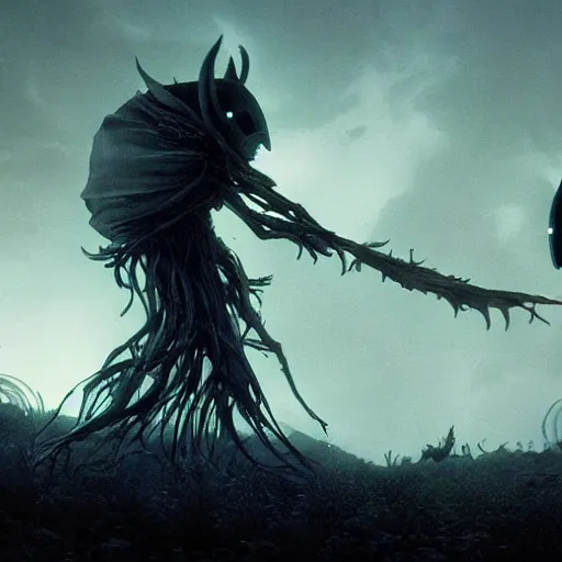 Image similar to extremely detailed cinematic movie still hollow knight by denis villeneuve, wayne barlowe, simon birch, marc simonetti, philippe druillet, beeple,