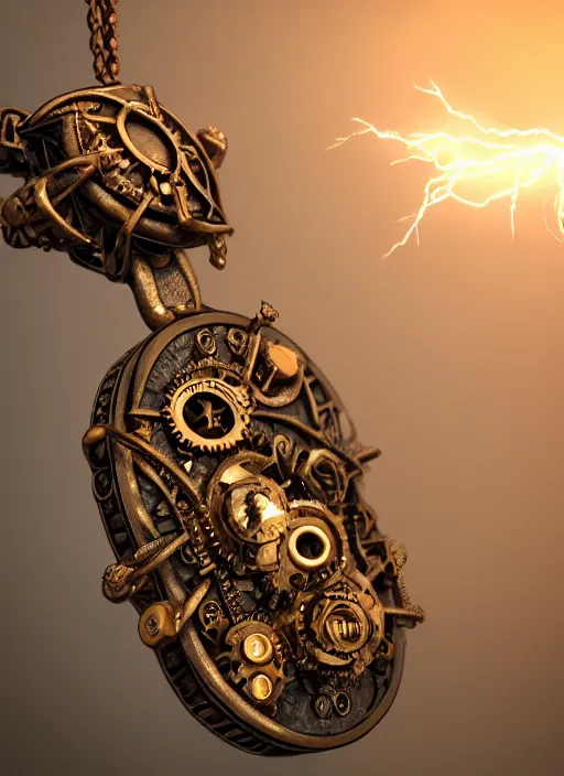 Image similar to a macro photo of amazing steampunk amulet with diamond jewel and small steam tubes, volumetric lightning, octane render, 4 k, hd, realistic reflections, extremely high detailed, soft lightning, trending on artstation, masterpiece, high resolution, bronze, gold, soft lightning