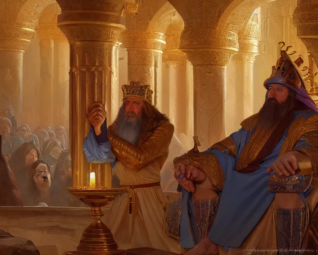 Image similar to king solomon of israel in the first temple in jerusalem, photography of kurzgesagt, deep focus, d & d, fantasy, intricate, elegant, highly detailed, digital painting, artstation, concept art, matte, sharp focus, illustration, hearthstone, art by artgerm and greg rutkowski and alphonse mucha