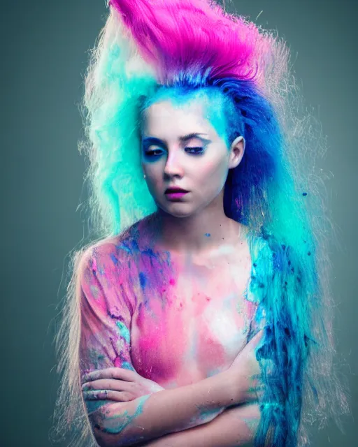 Image similar to a dramatic lighting photo of a beautiful young woman with cotton candy hair. paint splashes. with a little bit of cyan and pink