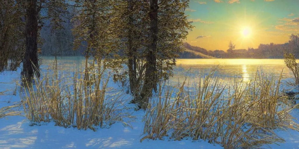 Prompt: a beautiful lake landscape, snow, romantic ambiente, no people, tall grown reed on riverbank, no mountains, clear sky, sunshine, colorful, by Mohrbacher and Moebius and Alphonse Mucha and Roger Deakins, cinematic lighting, masterpiece, highly detailed, 8k resolution, trending on art station