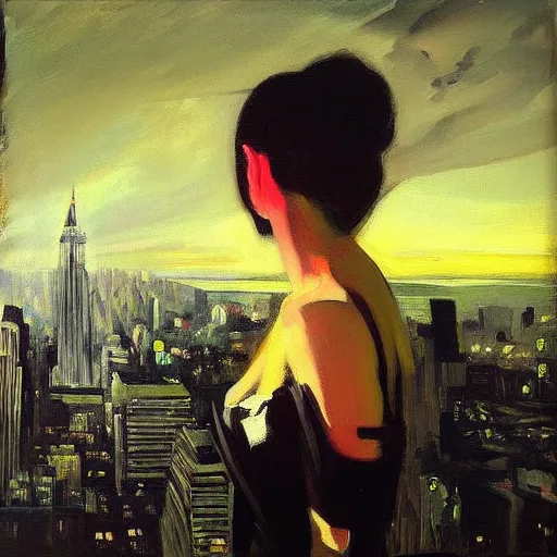 Prompt: “ a girl! looking down at a futuristic new york city below, ghostpunk, detailed face, oil painting, by george bellows ”