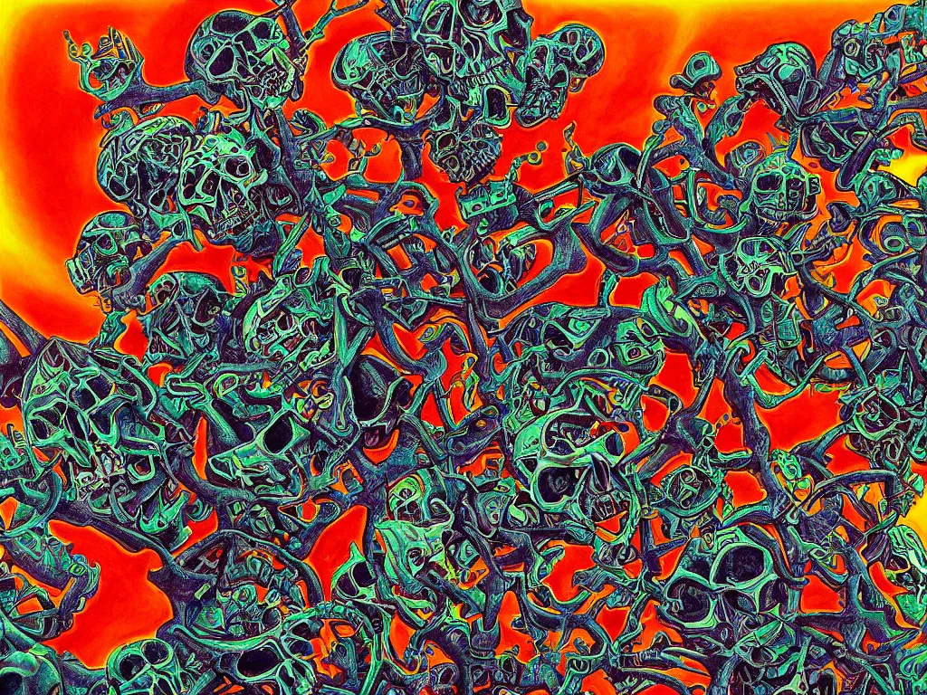 Image similar to technopathic skulls, high detail, highly abstract, vivid colors, a little bit touch of M. C. Escher