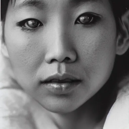 Image similar to filipino woman with short hair wearing an oversized sweater, portrait, colored photo, clear face, by annie liebovitz, david bailey, nan goldin