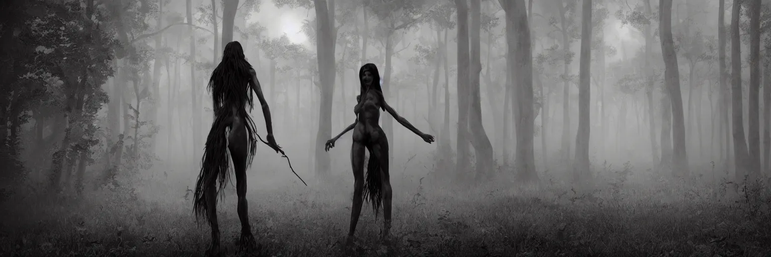 Prompt: epic fantasy render of a two beautiful skinny women body, long dark hairs, detailed anatomy, woods, black fog, black and white, highly detailed, cinematic, hyperrealism, dynamic lighting, octane render