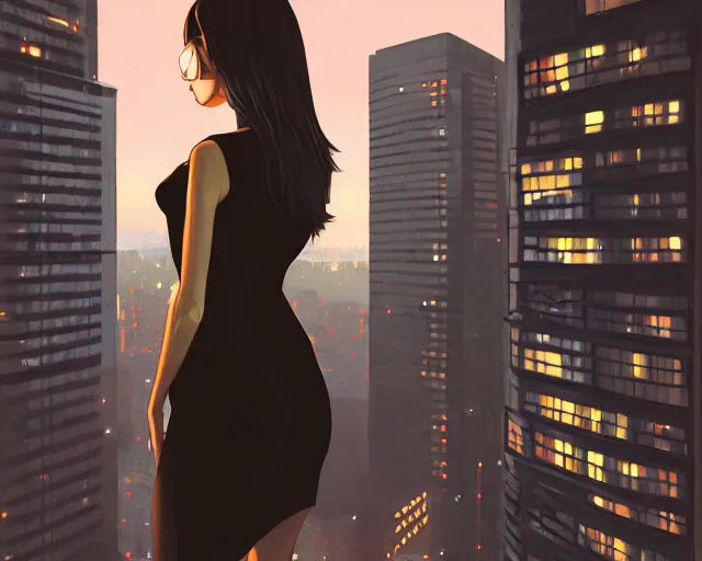 Prompt: back of young woman wearing a stylish black minidress looking through a penthouse window at a panoramic view of a cyberpunk city at night, dark sky, bokeh lights, anime, ilya kuvshinov, guweiz, artstation trending, concept art, digital painting, cinematic, extreme detail, expansive