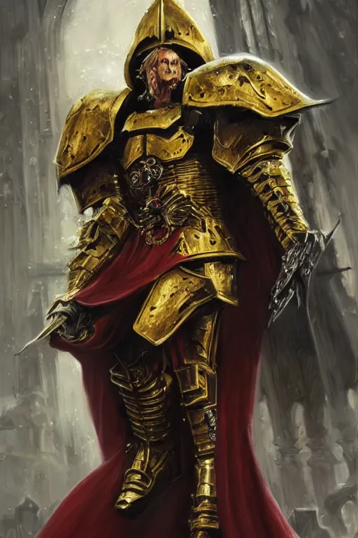 Image similar to a tall and imposing Warhammer 40k paladin in black and gold armor, long red cape, glorious LONG BLOND hair, by Ivan Aivakovsky, by Boris Vallejo, epic fantasy character art, D&D Concept Art, full length, Realistic, Regal, Refined, Detailed Digital Art, Oil Paining, Exquisite detail, post-processing, masterpiece, Cinematic Lighting, Unreal Engine, 8k, HD