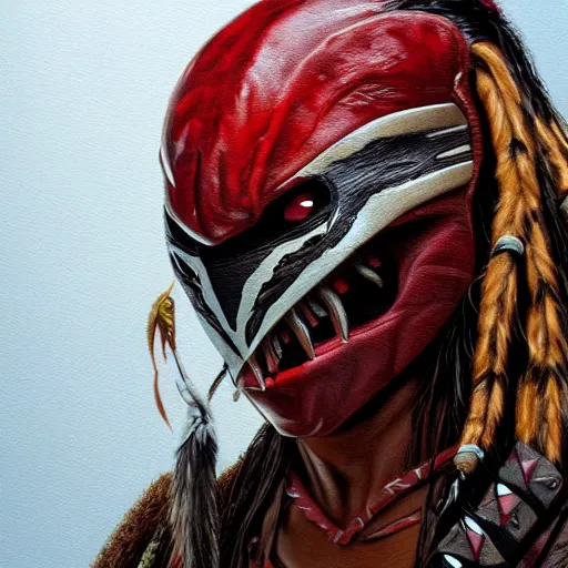 Image similar to painting portrait of a native american wearing a predator face mask from the predator movie, artstation, ultra detailed