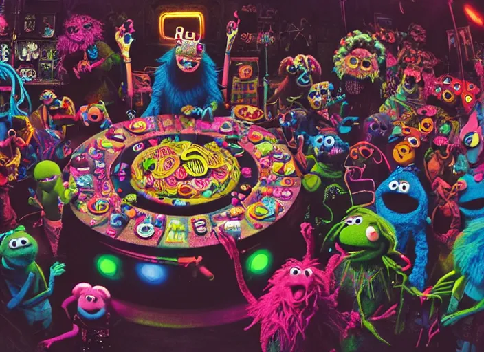 Image similar to 8k hyper realistic detailed image, swirl, unholy Cookie Monster rites in a coven of Muppets, Black Frank the goat and neon pentagram in the center of a table, rich deep colors, neon colors, caustic light, iridescent light, cinematic shot by Alfonso Cuaron, part by Gaspar Noe, part by Stanley Kubrick, ultra detailed