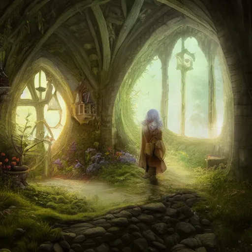 Image similar to a medieval hobbit home, ornate, beautiful, atmosphere, vibe, mist, flowers, concept art illustration, color page, 4 k, tone mapping, doll, akihiko yoshida, james jean, andrei riabovitchev, marc simonetti, yoshitaka amano, digital illustration, greg rutowski, volumetric lighting, sunbeams, particles