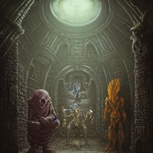 Image similar to xanathar the beholder in a dungeon, d & d, fantasy, greg rutkowski, frank frazetta, alexandre chaudret, boris vallejo, michael whelan, miro petrov, hr giger, magali villeneuve, donato giancola