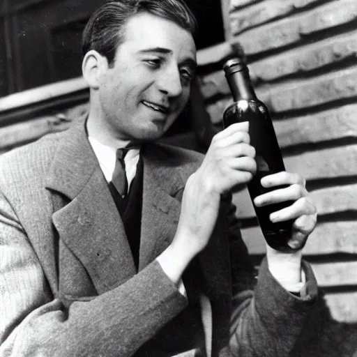 Image similar to a frenchman with a baguette and a bottle of wine in 1 9 5 0