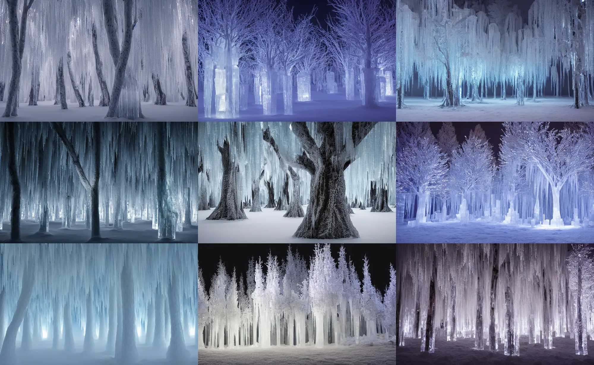 Prompt: cinematic still of a massive ice sculpture tree forest at night with ice sculpture flowers and nature, light fog, cold ambient light, beautiful, 4 k, masterpiece,
