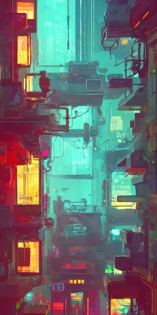 Image similar to one lush windowsill with plants inside of it, looking out to a cyberpunk rainy street with neon signs, interior of room frame, detailed digital concept art by anton fadeev and marc simonetti, trending on artstation