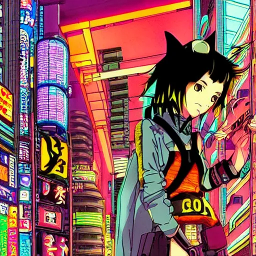 Image similar to cyberpunk cat, 9 0 s japan anime style