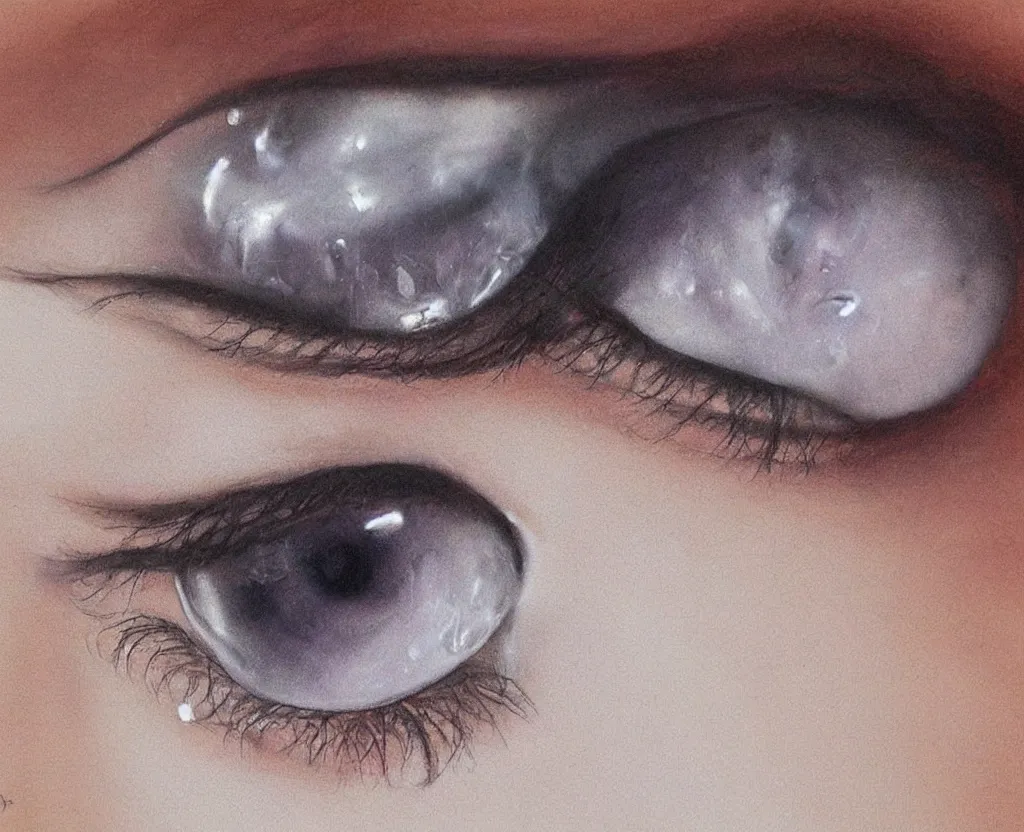 Image similar to realistic and detailed soft airbrush of a glossy tear dripping on a white background, inspired by 8 0 s airbrush illustrations, art by pater sato