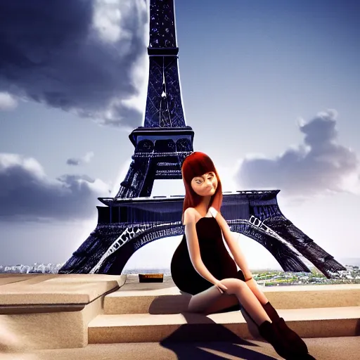 Image similar to A young beautiful giantess wearing a sundress sitting on the Eifel tower,detailed body and face, beautiful lighting,digital art , highly detailed , high contrast, beautiful lighting, award winning , trending on art station, 8k, photorealistic,unreal engine 5