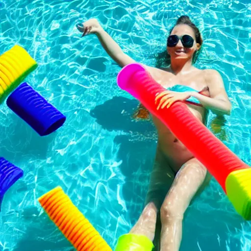 Image similar to a woman swimming surrounded by 1 0 pool noodles pointing away from her