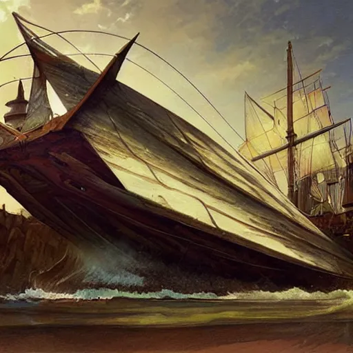 Prompt: Wooden ship with no sails in a magical force field hovering in a dry dock. The force field is made from green energy, art by Artgerm and Greg Rutkowski and Alphonse Mucha