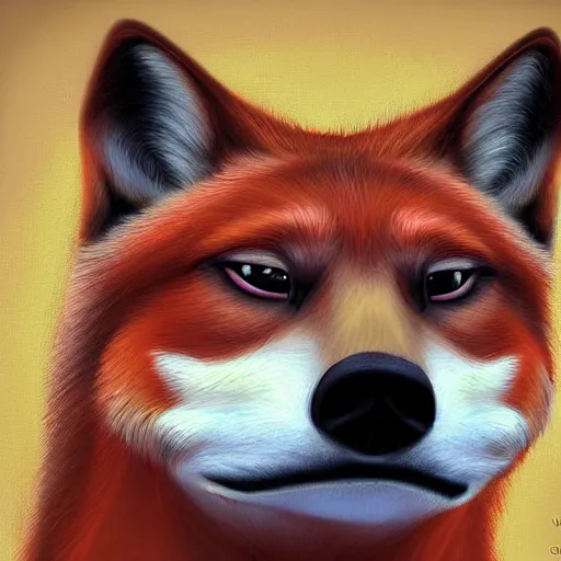 Image similar to zoomorphic a red face wolf, pepe the frog like face, digital painting, ultra sharp, by gary cook