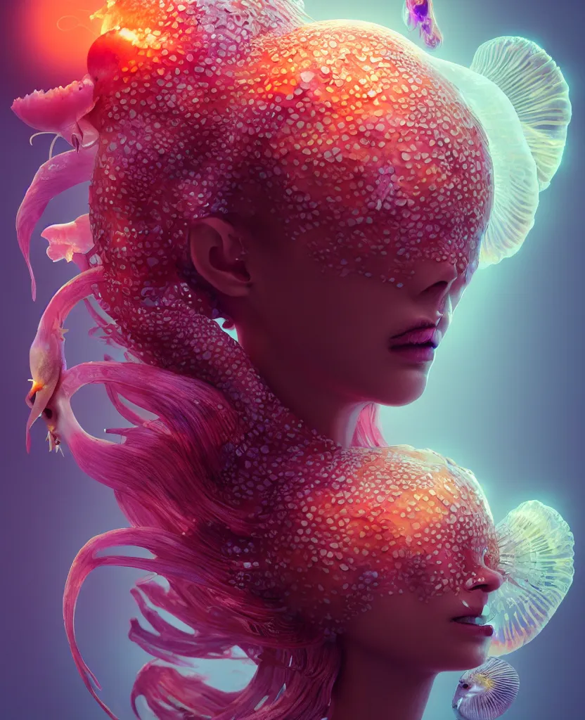 Image similar to goddess close-up portrait ribcagel. jellyfish phoenix head, nautilus, orchid, skull, betta fish, bioluminiscent creatures, intricate artwork by Tooth Wu and wlop and beeple. octane render, trending on artstation, greg rutkowski very coherent symmetrical artwork. cinematic, hyper realism, high detail, octane render, 8k