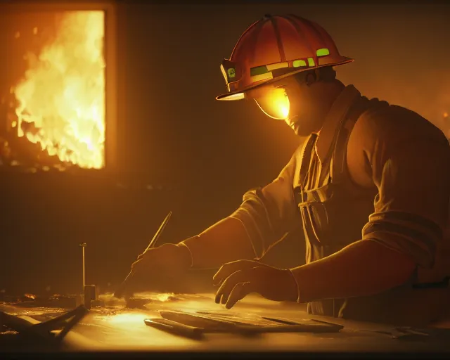 Image similar to a man works at a workstation in a very hot office with burning fires, local close up, featured in artstation, octane render, intricate, ultra detailed, fantasy, concept art, sharp focus, illustration, 8 k