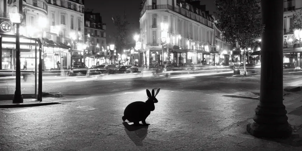 Prompt: a rabbit sitting outside a cafe in paris at night, the eiffel tower is visible in the background, black and white photograph