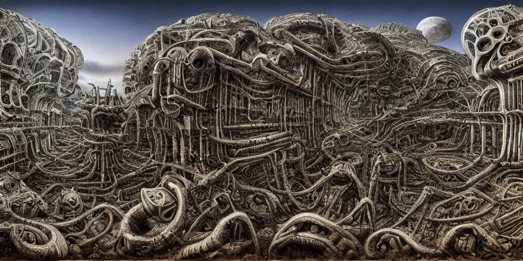 Image similar to equirectangular matte painting of a biomechanical landscape by hr giger