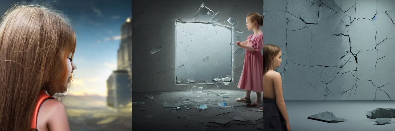 Prompt: girl looking at shattered glass, matte painting,8k resolution