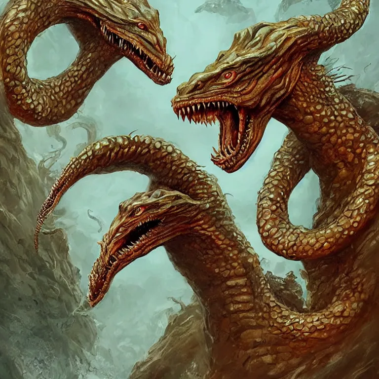 Image similar to two - headed hydra of lerna, jim carey as lloyd christmas and jeff daniels as harry dunne ( from dumb and dumber ), serpentine water monster, aquatic, d & d, fantasy, portrait, highly detailed, digital painting, trending on artstation, concept art, sharp focus, illustration, art by artgerm and greg rutkowski and magali villeneuve