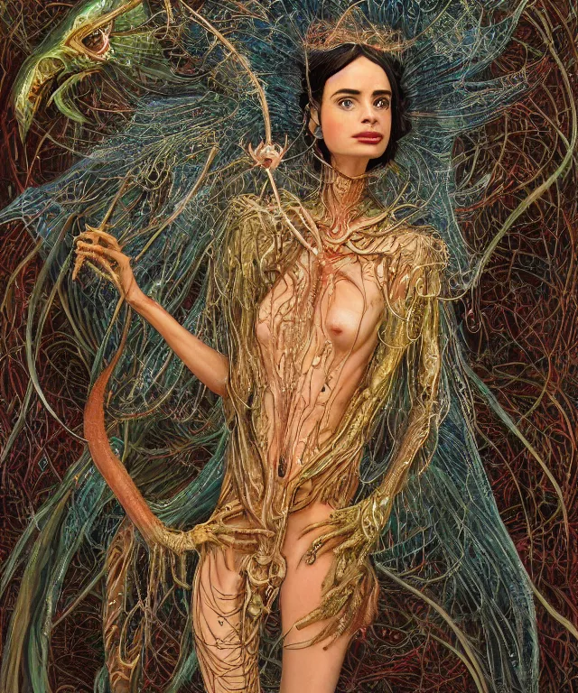 Prompt: a portrait photograph of a fierce krysten ritter as a strong alien harpy queen with amphibian skin. she trying on a glowing and fiery lace shiny metal slimy organic membrane parasite cape and transforming into an evil insectoid snake bird. by donato giancola, walton ford, ernst haeckel, peter mohrbacher, hr giger. 8 k, cgsociety