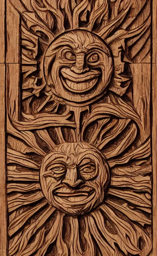 Image similar to an extremely detailed wood relief carving depicting a monstrous image of the jim varney, stylized sun, medieval, renaissance, manuscript, woodcut, in the style of albrecht durer, alchemical symbols