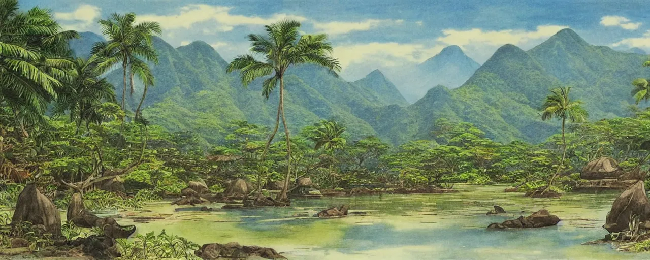 Image similar to a 2D drawing of a beautiful Philippine landscape, majestic and exotic by hiroshi yoshida