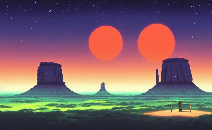 Prompt: a cell - shaded studio ghibli concept art from paprika ( 2 0 0 6 ) of a ufo shining a spotlight on a lush temple that looks like monument valley stonehenge jungle on a misty starry night. very dull colors, hd, 4 k, hq