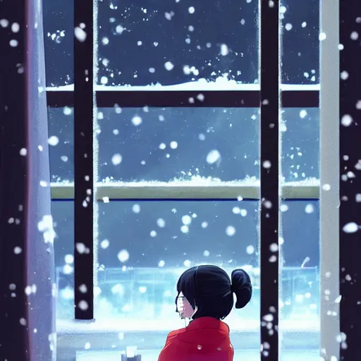 Image similar to Anime painting of a black haired girl wearing headphones looking out of the window into the snowy cold city while studying in her warm cozy home, by makoto shinkai, relaxed, calm, trending on artstation, kimi no na wa