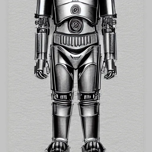 Image similar to technical blueprint of C3PO, pencil style