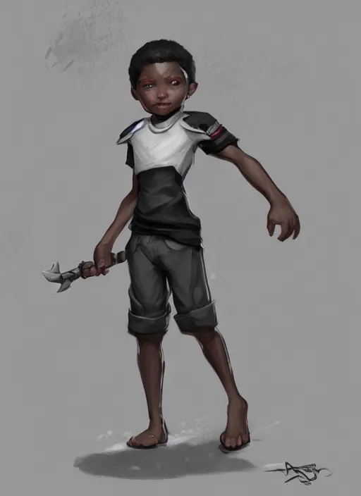 Image similar to a highly detailed illustration of a little black boy with only one leg, cute, highly detailed, centered, digital painting, artstation, concept art, smooth, sharp focus, league of legends concept art, wlop