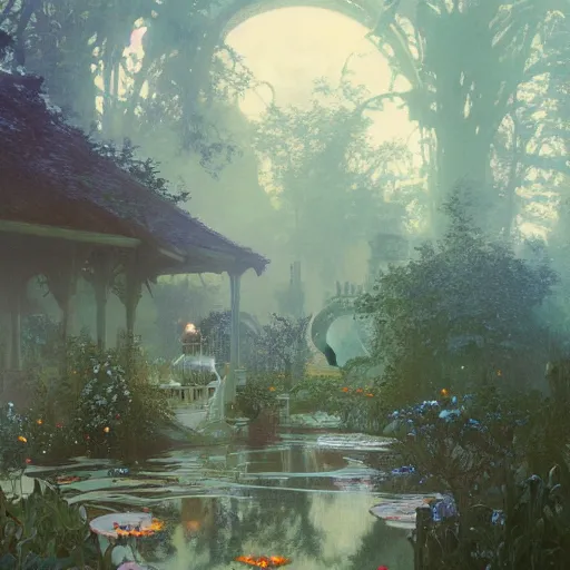 Image similar to Concept art, A garden at dusk, 8k, alphonse mucha, james gurney, greg rutkowski, john howe, artstation