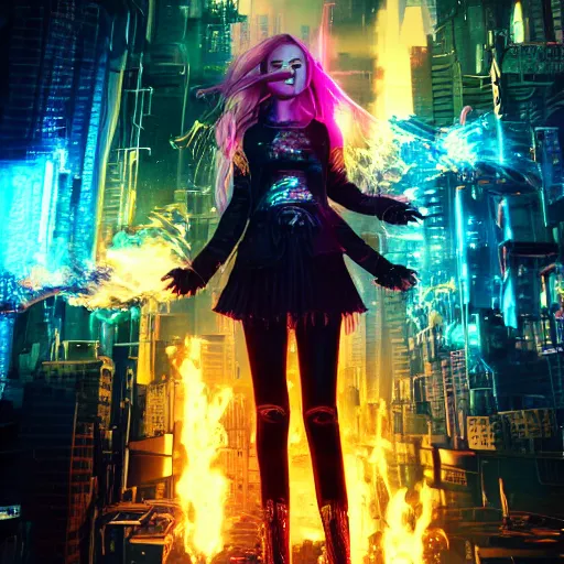 Image similar to a girl like (yoona, Elle Fanning), casting fire spell, background cyberpunk city, full shot, photo, volumetric lighting, epic composition, intricate details, dark neon punk, by KDA