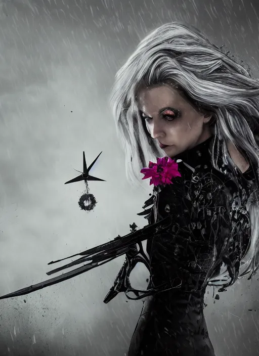 Image similar to a realistic detail portrait of a pretty huntress dress black clock has white hair, battlefield, goth, around flower, abandoned, shining star, traveller, raining, mist by Wolp, Sparth, Paul-chadeisson, Dylan Cole, Jin Kim, black scheme, 8k, Unreal Engine 5