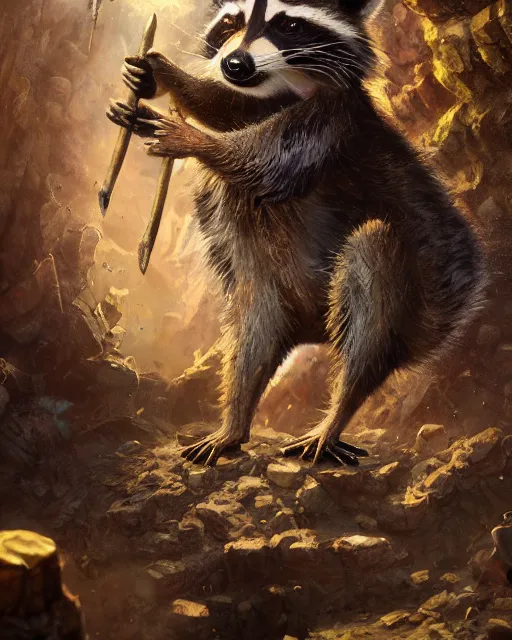 Prompt: oil painting of poor anthropomorphized raccoon miner mining gold, pickaxe, close shot, full body, dark steampunk mine shaft background, sad expression, dirty, sharp focus, fantasy style, octane render, volumetric lighting, 8k high definition, by greg rutkowski, highly detailed, trending on art Station, dungeons and dragons artwork, centered