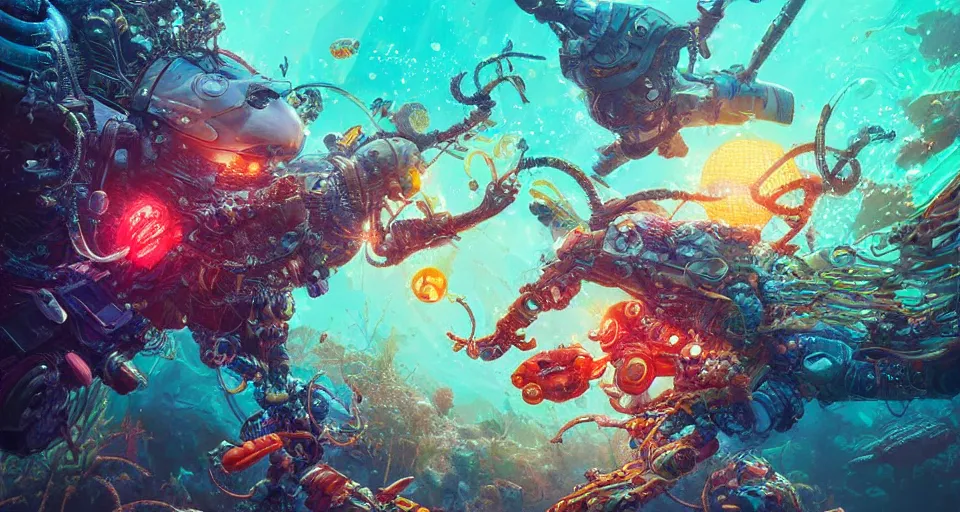 Prompt: distant cyberpunk wildlife fighting underwater, coral, vibrant, sun rays, sparkling, bokeh, hyper realistic, hyper detailed, digital art, trending in artstation, studio quality, photorealistic, photo, by jesper ejsing, wlop, paul lehr