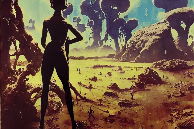 Prompt: 5 0 s pulp scifi illustration, space woman meets big science fiction alien martian in beautiful landscape, pond, baobab trees, distant mountains, dynamic action, by norman rockwell, jack kirby, john berkey, bergey, craig mullins, ruan jia, raymond swanland, jeremy mann, beksinski, tom lovell, alex malveda, schomburg