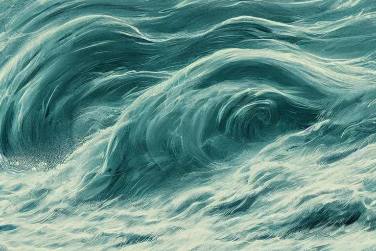 Prompt: ocean, land, ( ( ( ( tumultuous waves ) ) ) ), digital painting, illustrated by max hay