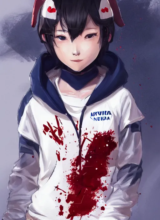 Image similar to a highly detailed illustration of black short hair cute japanese girl wearing blood stained navy hoodie with the word nevada on it, dramatic smile pose, intricate, elegant, highly detailed, centered, digital painting, artstation, concept art, smooth, sharp focus, league of legends concept art, WLOP