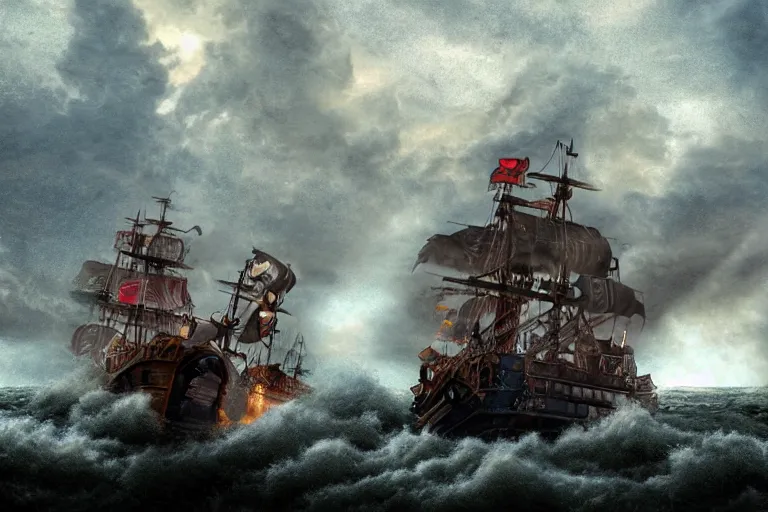 Image similar to epic pirate ship cannon battle in a storm, in the style of vernon grant and chris van allsburg, raging stormy sea, trending on artstation, bright tilt - shift camcorder effect, photoshop, retrowave, hyperrealism, octane, sharp focus, masterpiece