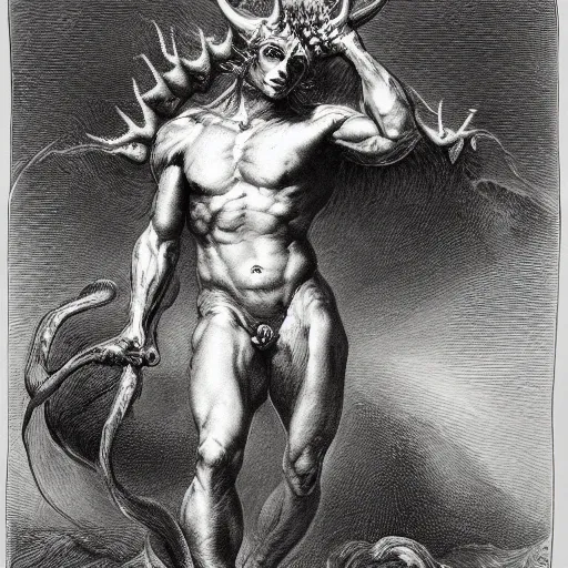 Prompt: full body grayscale drawing by Gustave Dore of muscled horned humanoid beast in heroic pose, swirling flames in background