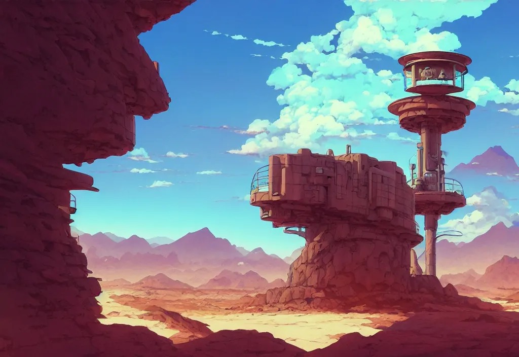 Prompt: sci - fi lookout tower in the desert, rocks, mountain, river, intricate oil painting, high detail illustration, sharp high detail, manga and anime 1 9 9 9, official fanart behance hd artstation by jesper ejsing and makoto shinkai, 4 k,