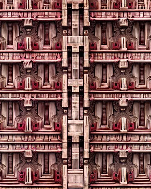 Prompt: detailed realistic architectural painting of hundreds of alien mandelbulb gates stacked like jenga made of carved out ivory shades of red by mc escher